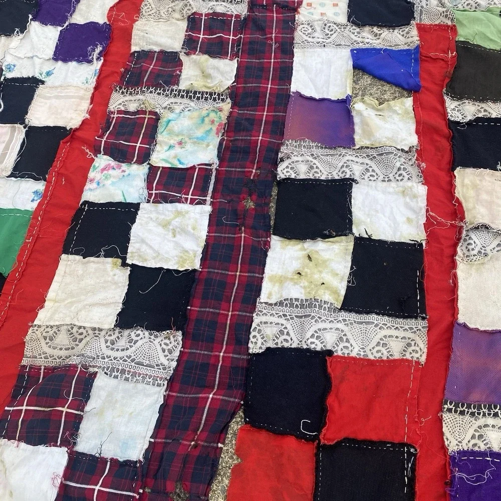 Vintage Patchwork Hand Stitched Squares Quilt Top 58x82 Has Open Seams See Pics